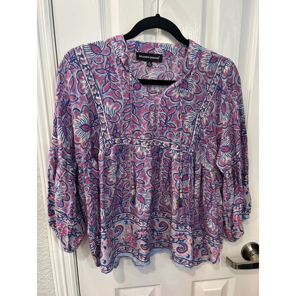 Grand & Greene Peasant Blouse Blue Purple Floral Paisley Beaded Tassel Boho Top